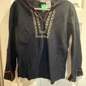 White Stag Black Embroidered V-Neck Top with Coral Trim